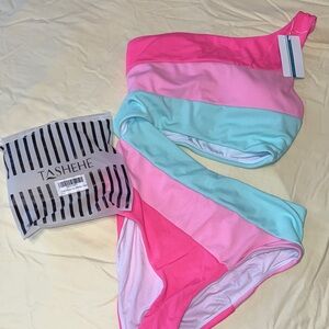 Colorblock One-Shoulder Bikini - Pink, Light Pink, Aqua